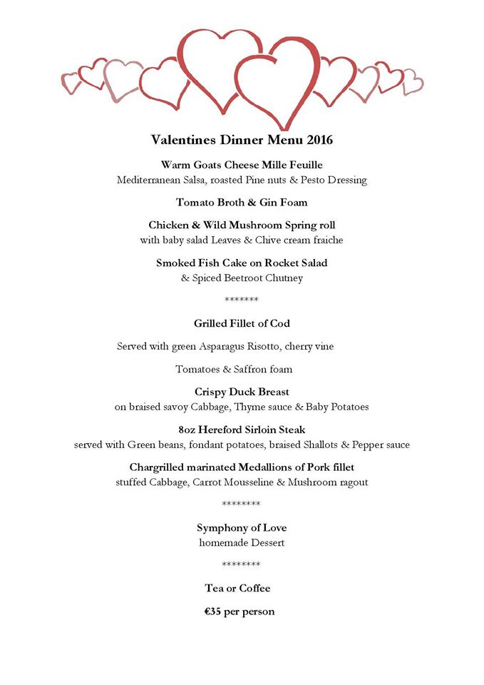 Valentines Day Menu 2016
